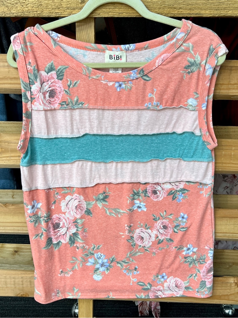 BiBi Coral Floral Tank with Aqua and Light Pink Stripes
